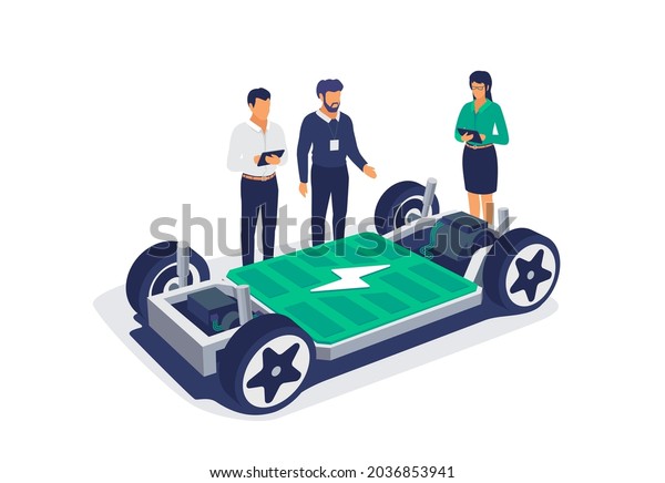 Electric car chassis battery platform\
skateboard module pack board. Automobile engineers working with\
tablet computer solving problem. Vehicle components battery pack,\
motor powertrain,\
controller.