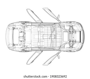 Electric Car With Chassis. Battery, suspension and wheel drive. Vector rendering of 3d. Wire-frame style