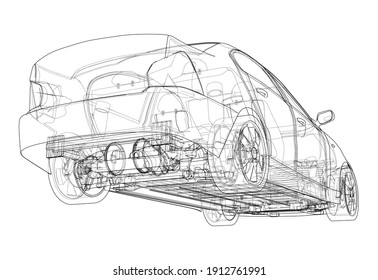 Electric Car With Chassis. Battery, suspension and wheel drive. Vector rendering of 3d. Wire-frame style