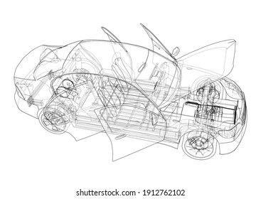 Electric Car With Chassis. Battery, suspension and wheel drive. Vector rendering of 3d. Wire-frame style