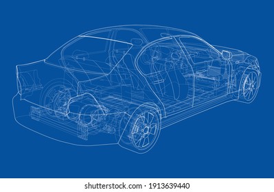 Electric Car With Chassis. Battery, suspension and wheel drive. Vector rendering of 3d. Wire-frame style
