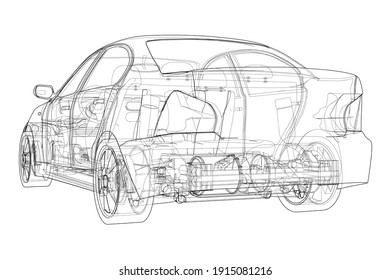 Electric Car With Chassis. Battery, suspension and wheel drive. Vector rendering of 3d. Wire-frame style