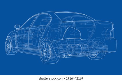 Electric Car With Chassis. Battery, suspension and wheel drive. Vector rendering of 3d. Wire-frame style