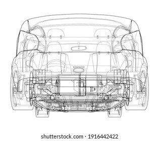 Electric Car With Chassis. Battery, suspension and wheel drive. Vector rendering of 3d. Wire-frame style