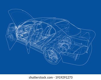 Electric Car With Chassis. Battery, suspension and wheel drive. Vector rendering of 3d. Wire-frame style