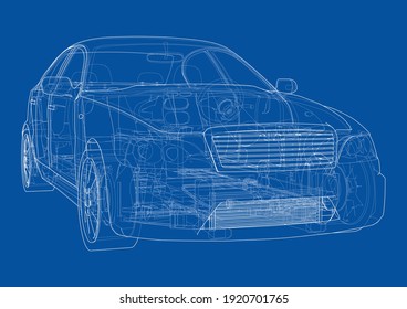 Electric Car With Chassis. Battery, suspension and wheel drive. Vector rendering of 3d. Wire-frame style