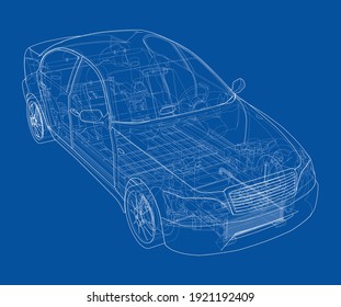 Electric Car With Chassis. Battery, suspension and wheel drive. Vector rendering of 3d. Wire-frame style