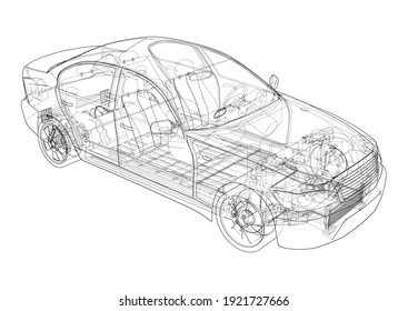 Electric Car With Chassis. Battery, suspension and wheel drive. Vector rendering of 3d. Wire-frame style