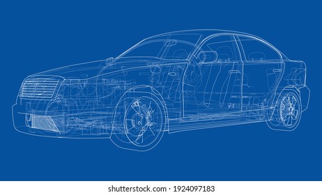 Electric Car With Chassis. Battery, suspension and wheel drive. Vector rendering of 3d. Wire-frame style