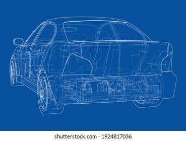 Voiture Électrique Avec Châssis. Batterie, suspension et roue. Rendu vectoriel de 3d. Style d'image filaire