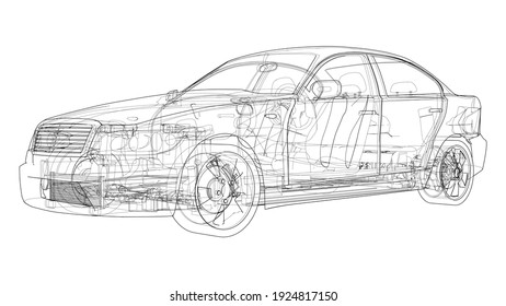 Electric Car With Chassis. Battery, suspension and wheel drive. Vector rendering of 3d. Wire-frame style