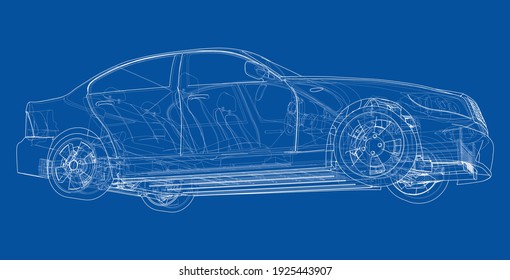 Coche Eléctrico Con Chasis. Batería, suspensión y conducción de ruedas. Representación vectorial de 3d. Estilo de trama