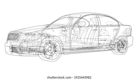 Electric Car With Chassis. Battery, suspension and wheel drive. Vector rendering of 3d. Wire-frame style