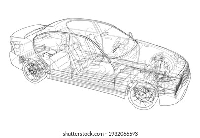 Electric Car With Chassis. Battery, suspension and wheel drive. Vector rendering of 3d. Wire-frame style