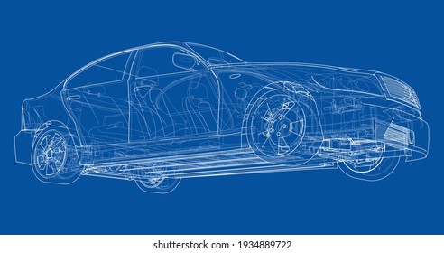 Electric Car With Chassis. Battery, suspension and wheel drive. Vector rendering of 3d. Wire-frame style