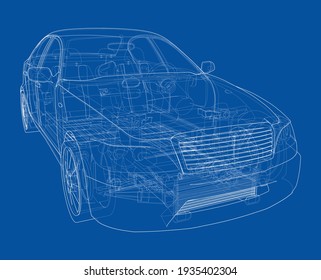 Electric Car With Chassis. Battery, suspension and wheel drive. Vector rendering of 3d. Wire-frame style