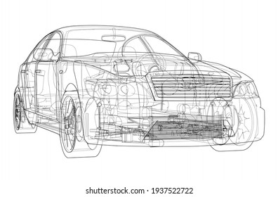 Electric Car With Chassis. Battery, suspension and wheel drive. Vector rendering of 3d. Wire-frame style