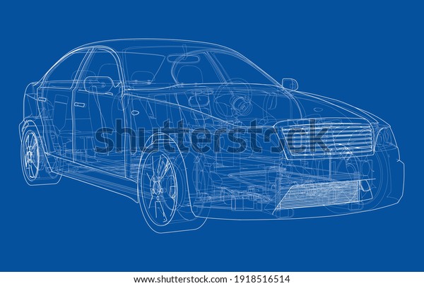 Electric Car With
Chassis. Battery, suspension and wheel drive. Vector rendering of
3d. Wire-frame style