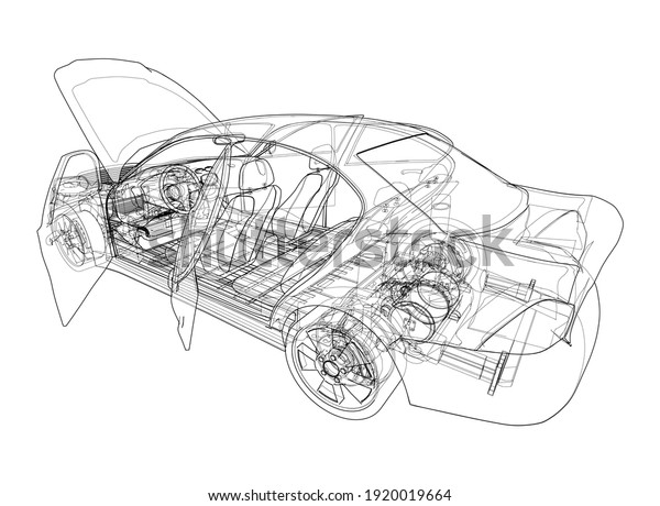 Electric Car With\
Chassis. Battery, suspension and wheel drive. Vector rendering of\
3d. Wire-frame style
