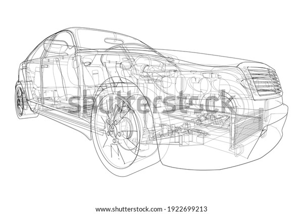 Electric Car With
Chassis. Battery, suspension and wheel drive. Vector rendering of
3d. Wire-frame style
