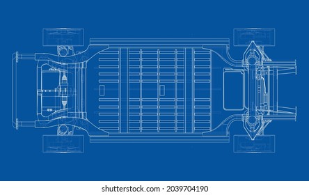 Electric Car Chassis with battery. Vector rendering of 3d. Wire-frame style. The layers of visible and invisible lines are separated. Orthography or isometric