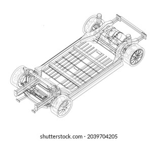 Elektroautogehäuse mit Batterie. Vektorgrafik von 3d. Wire-Frame-Stil. Die Schichten sichtbarer und unsichtbarer Linien sind getrennt. Orthographie oder isometrisch