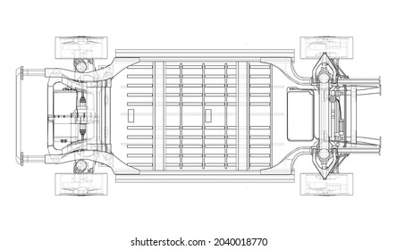 Electric Car Chassis with battery. Vector rendering of 3d. Wire-frame style. The layers of visible and invisible lines are separated. Orthography or isometric