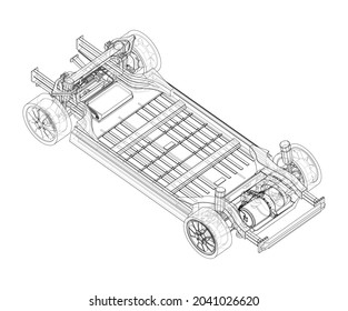 Electric Car Chassis with battery. Vector rendering of 3d. Wire-frame style. The layers of visible and invisible lines are separated. Orthography or isometric