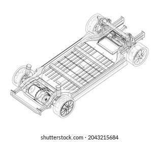 Electric Car Chassis with battery. Vector rendering of 3d. Wire-frame style. The layers of visible and invisible lines are separated. Orthography or isometric