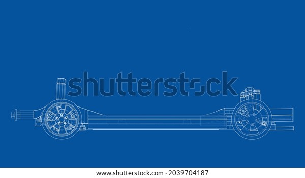 Electric Car Chassis with
battery. Vector rendering of 3d. Wire-frame style. The layers of
visible and invisible lines are separated. Orthography or
isometric