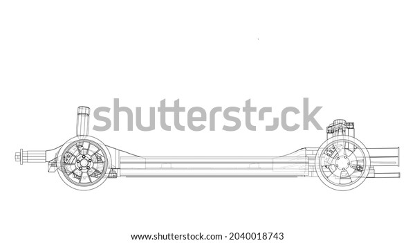 Electric Car Chassis with
battery. Vector rendering of 3d. Wire-frame style. The layers of
visible and invisible lines are separated. Orthography or
isometric