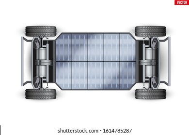 Electric Car Chassis with battery. Vehicle frame with batteries and Transmission on rechargeable eco car. Wheels and power item on automobile chassis. Vector Illustration isolated on white background.