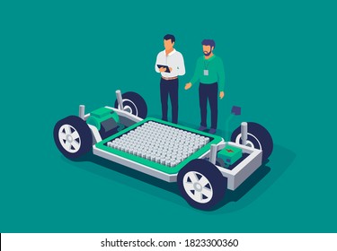 Electric car chassis with high energy battery cells pack platform. Skateboard module board. Automobile engineers working with tablet solving problem. Vehicle components motor powertrain, controller.