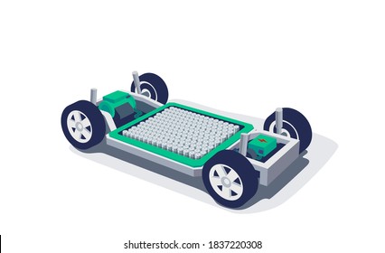 Electric car chassis with high energy battery cells pack modular platform. Skateboard module board. Vehicle components motor powertrain, controller with bodywork wheels. Isolated vector illustration.
