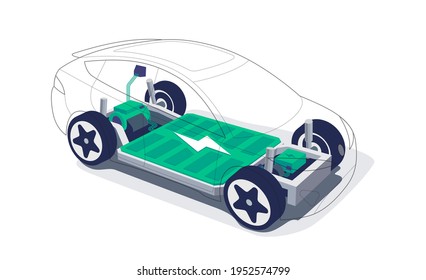 Electric car chassis with high energy battery cells pack modular platform. Skateboard module board. Vehicle components motor powertrain, controller with bodywork wheels. Isolated vector illustration.
 - Shutterstock ID 1952574799