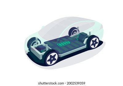 Chasis de coche eléctrico con pilas de batería de alta energía, empaque una plataforma modular. Tarjeta de módulo de patineta. Motor del motor de los componentes del vehículo, controlador con ruedas de carrocería. Ilustración vectorial aislada.