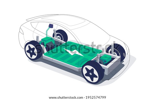 Electric car chassis with high energy
battery cells pack modular platform. Skateboard module board.
Vehicle components motor powertrain, controller with bodywork
wheels. Isolated vector
illustration.
