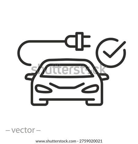 Electric car and check mark icon, suitable for electric vehicles, outline minimalist editable illustration, used for websites and apps