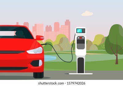 Electric car in a city. Electric car is charging, front view. Vector flat style illustration.