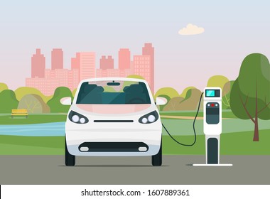 Electric car in a city. Electric car is charging, front view. Vector flat style illustration.