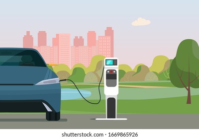 Electric car in a city. Electric car is charging, front view. Vector flat style illustration.