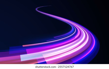 Electric car and city concept Hitech communication concept innovation background. Expressway, car headlight effect. Speed connection vector background. City road car light trails motion background. 