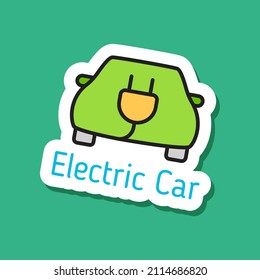 etiqueta ecológica del vector de color del coche eléctrico. pegatina de color de auto eléctrico con sombra sobre fondo verde. ir verde, sin plástico y sin residuos ecológicos concepto