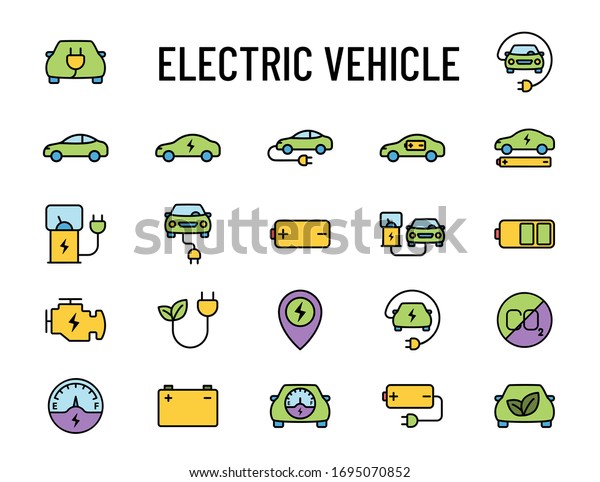 Electric car color\
vector icons on white background. Electric eco transport concept to\
save ecology and environment of earth. Electric car flat icons for\
web, mobile and ui\
design.