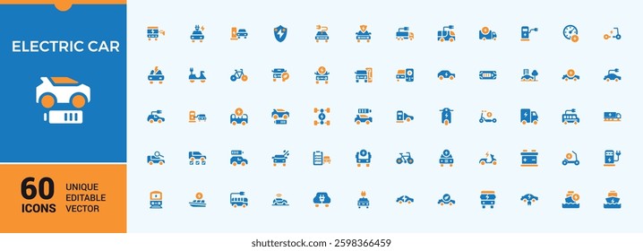 Electric Car colorful icon set. Containing vehicle, power, electrical, cable, electric, auto, station and more. Isolated icon. Transport vector solid icons pack. Signs for web and mobile app.