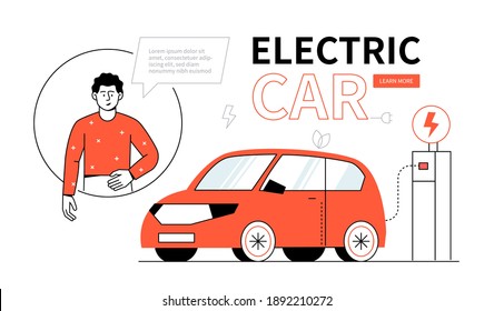 Electric car - colorful line design style web banner on white background with copy space for text. A composition with a boy charging a vehicle at the station. Modern urban transport and ecology idea