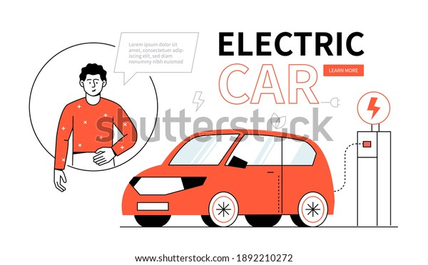Electric car - colorful line design style web banner\
on white background with copy space for text. A composition with a\
boy charging a vehicle at the station. Modern urban transport and\
ecology idea