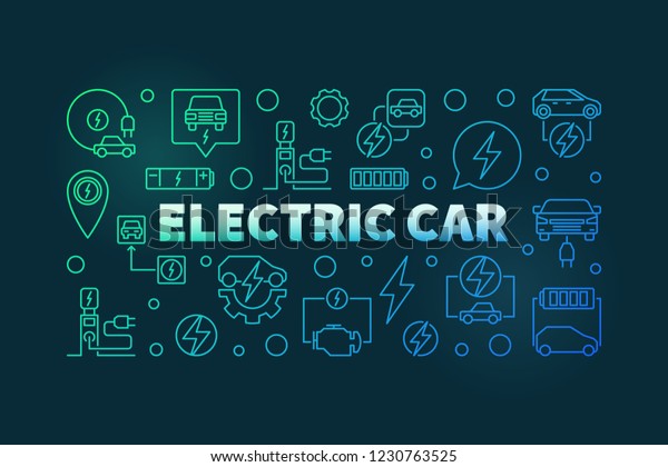 Electric car colorful outline banner - vector\
illustration on dark\
background