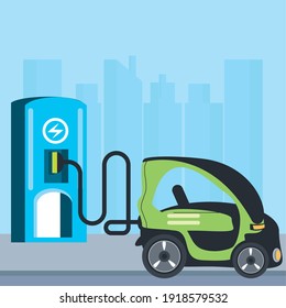 electric car compact charging station pump service city scene vector illustration