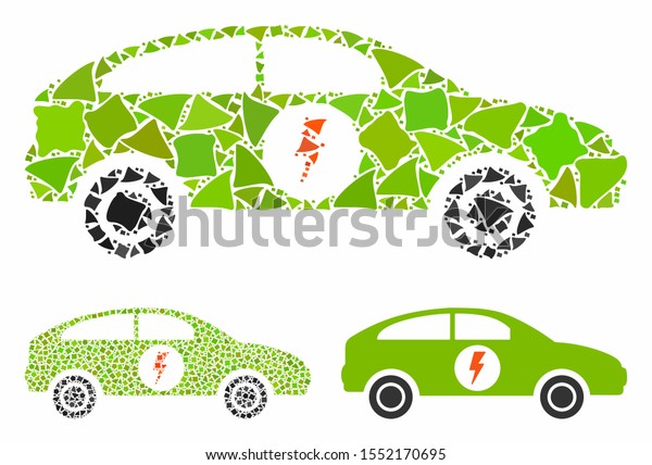 Electric car composition of rugged items in\
variable sizes and color hues, based on electric car icon. Vector\
tremulant dots are composed into\
composition.